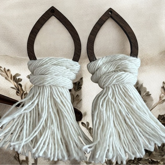 Handmade Jewelry - Walnut Top & Macrame White Tassel Earrings 3”/Silver Hardware added before ships